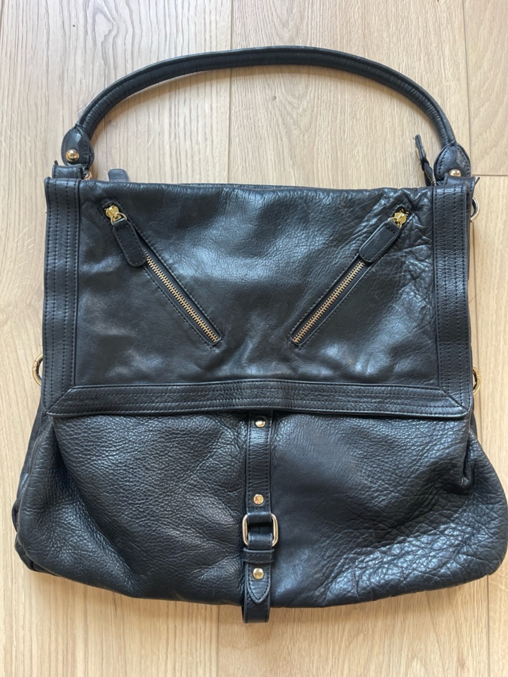 Sabina NYC Black Leather Shoulder Bag with Gold Hardware